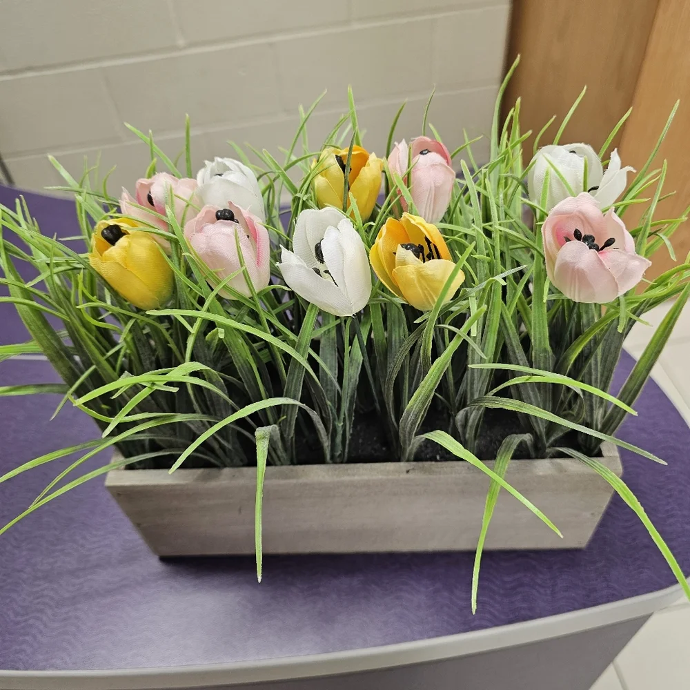Artificial Tulip Arrangement in Wooden Box - Spring Floral Centerpiece Farmhouse